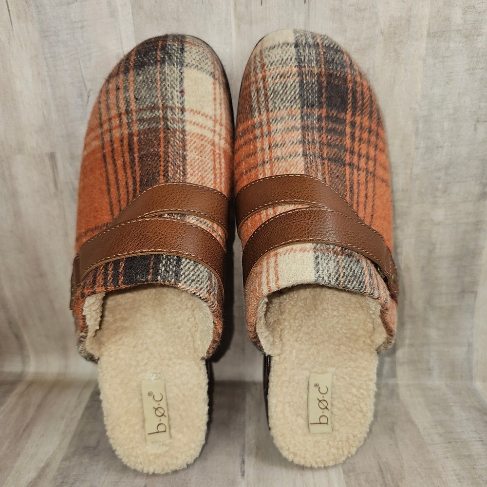 b.o.c. Plaid Faux Shearling Clogs Orange Brown Mules Womens 10M - Picture 6 of 9